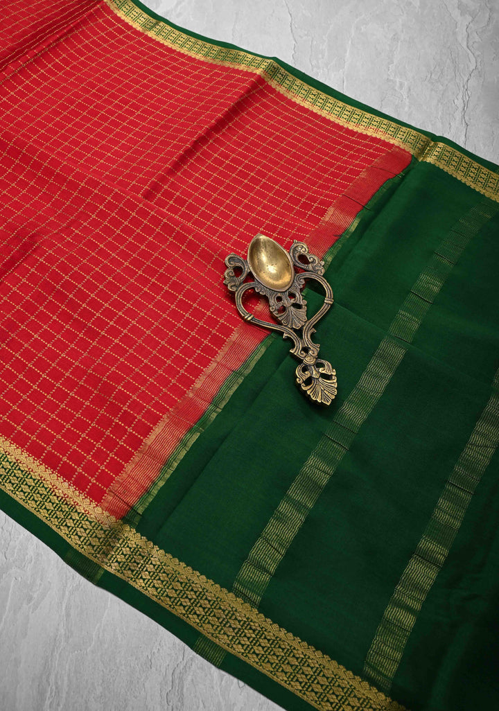 Red Checks Zari Mysore silk Saree With Zari Border in KSIC Grade Thickness | SILK MARK CERTIFIED