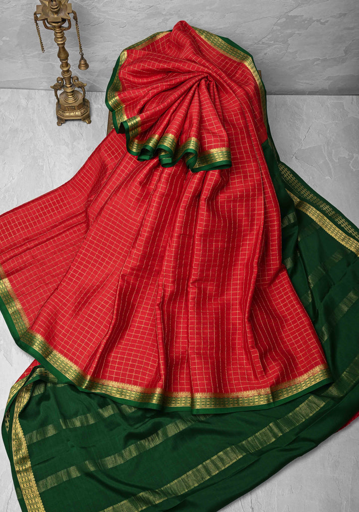 Red Checks Zari Mysore silk Saree With Zari Border in KSIC Grade Thickness | SILK MARK CERTIFIED
