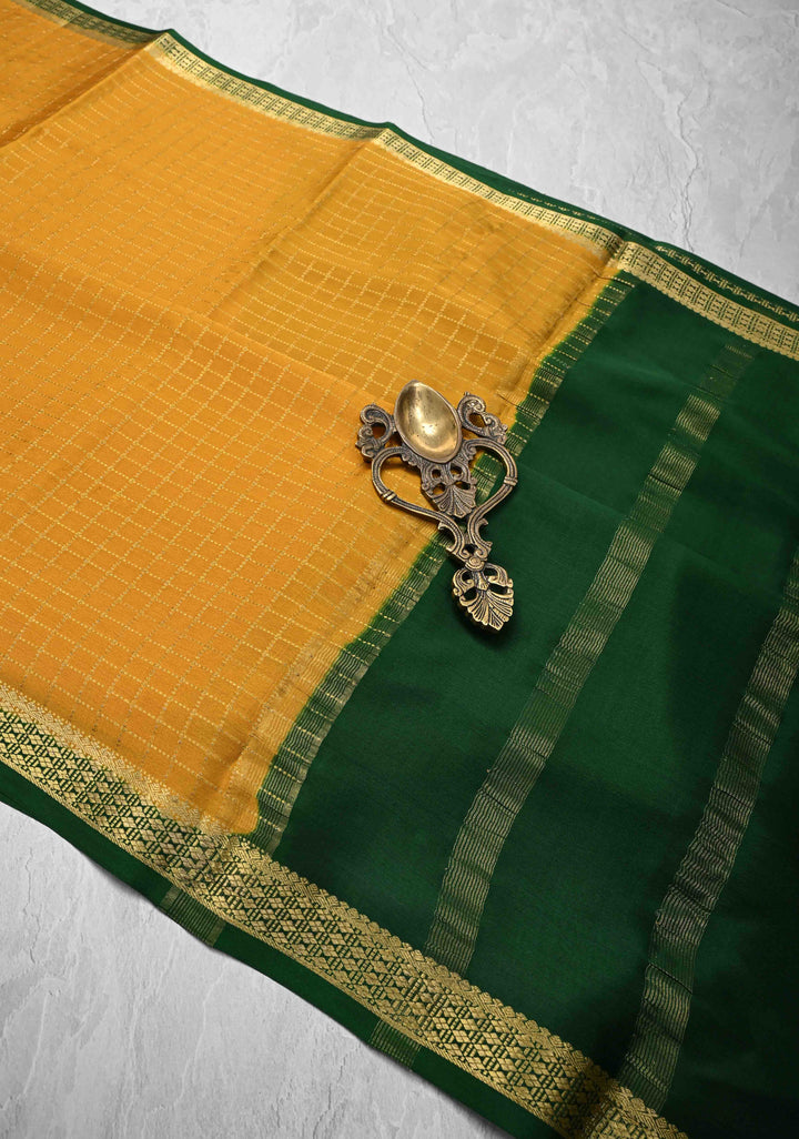 Mustard Yellow Mysore Silk Saree with Zari Checks and Zari Border in KSIC Grade Thickness| SILK MARK CERTIFIED