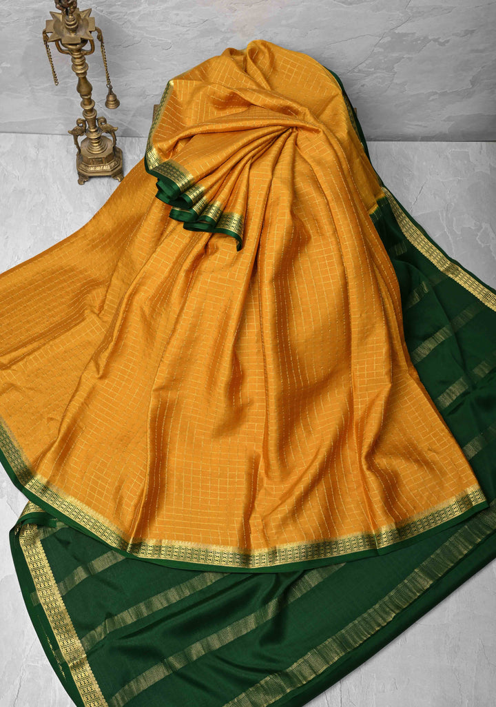 Mustard Yellow Mysore Silk Saree with Zari Checks and Zari Border in KSIC Grade Thickness| SILK MARK CERTIFIED