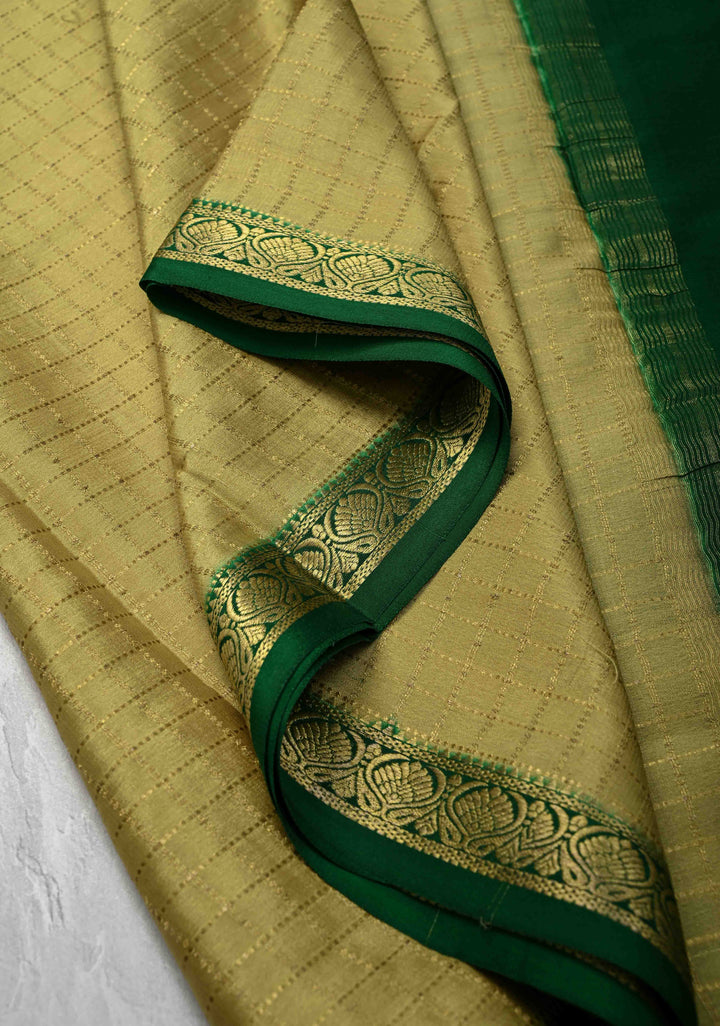 Pale Green Mysore Silk Saree with Zari Checks and Zari Border in KSIC Grade Thickness| SILK MARK CERTIFIED