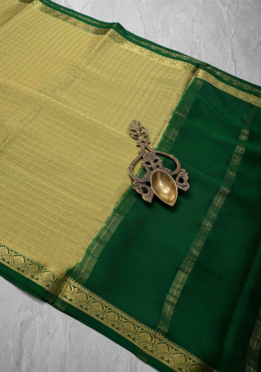 Pale Green Mysore Silk Saree with Zari Checks and Zari Border in KSIC Grade Thickness| SILK MARK CERTIFIED