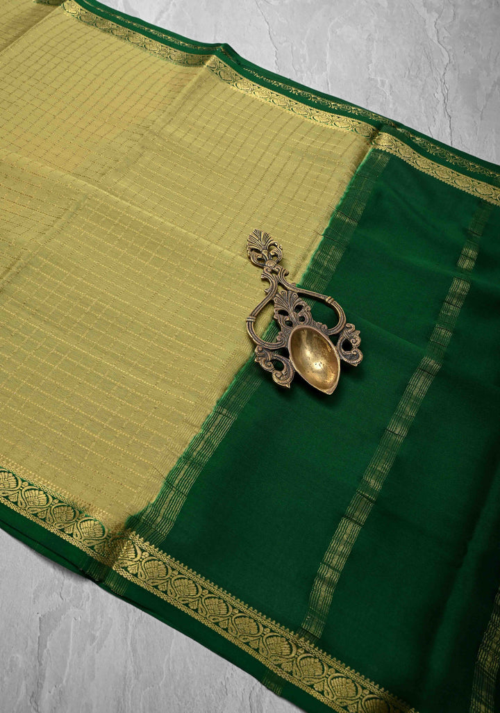 Pale Green Mysore Silk Saree with Zari Checks and Zari Border in KSIC Grade Thickness| SILK MARK CERTIFIED