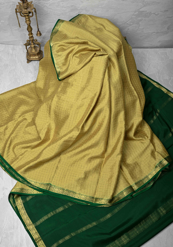 Pale Green Mysore Silk Saree with Zari Checks and Zari Border in KSIC Grade Thickness| SILK MARK CERTIFIED