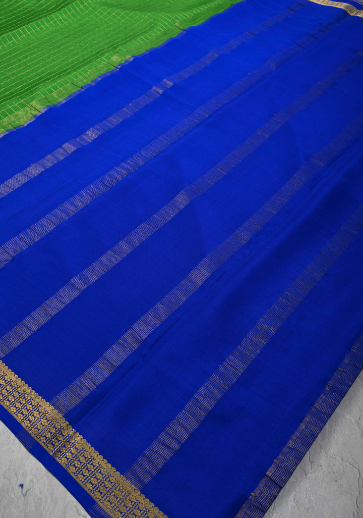 Green Pure Mysore Silk saree With Zari Checks and Zari Border in KSIC Grade Thickness | SILK MARK CERTIFIED