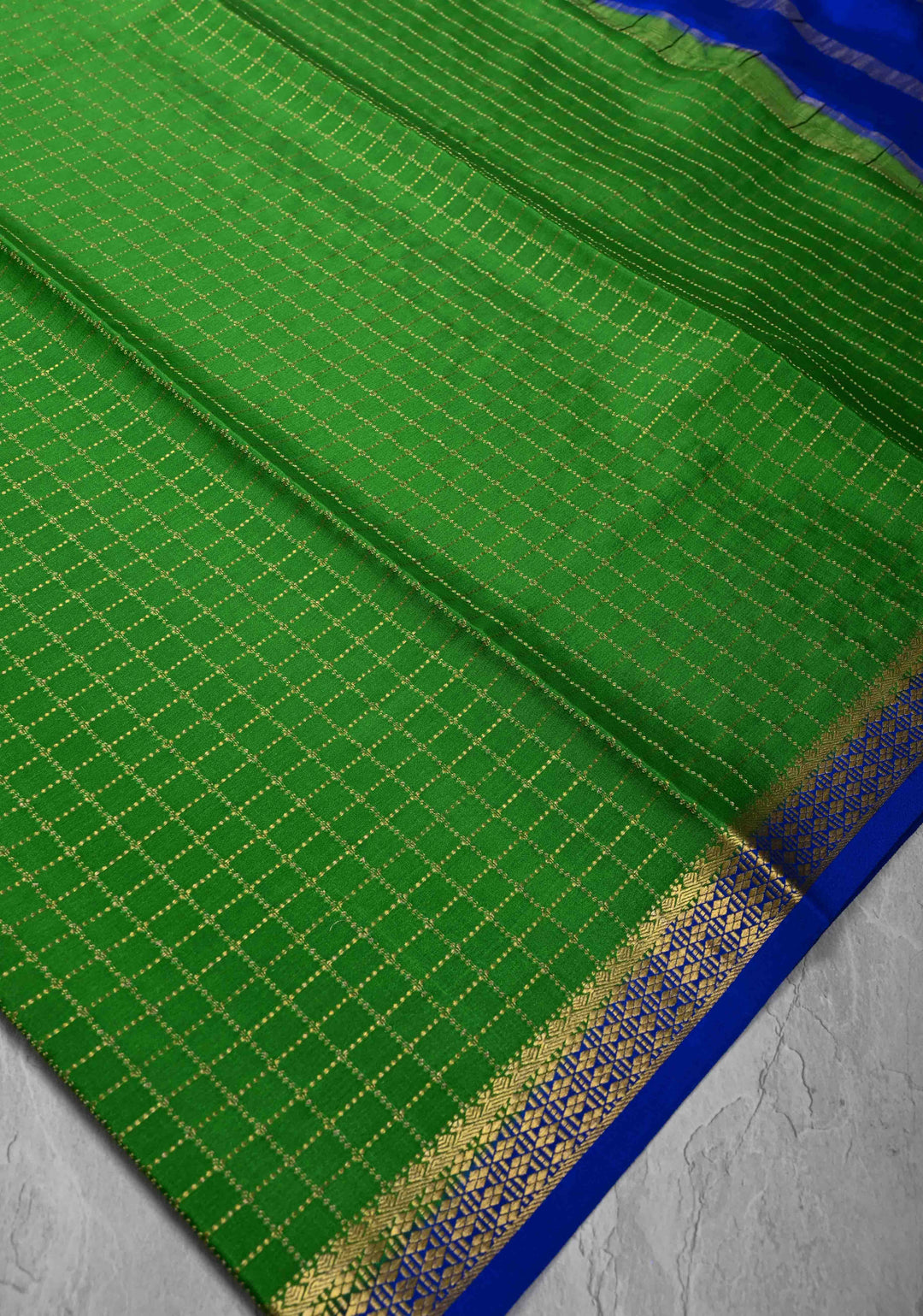 Green Pure Mysore Silk saree With Zari Checks and Zari Border in KSIC Grade Thickness | SILK MARK CERTIFIED