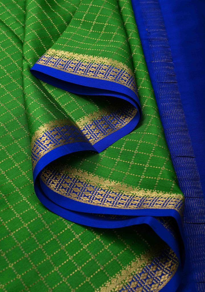 Green Pure Mysore Silk saree With Zari Checks and Zari Border in KSIC Grade Thickness | SILK MARK CERTIFIED