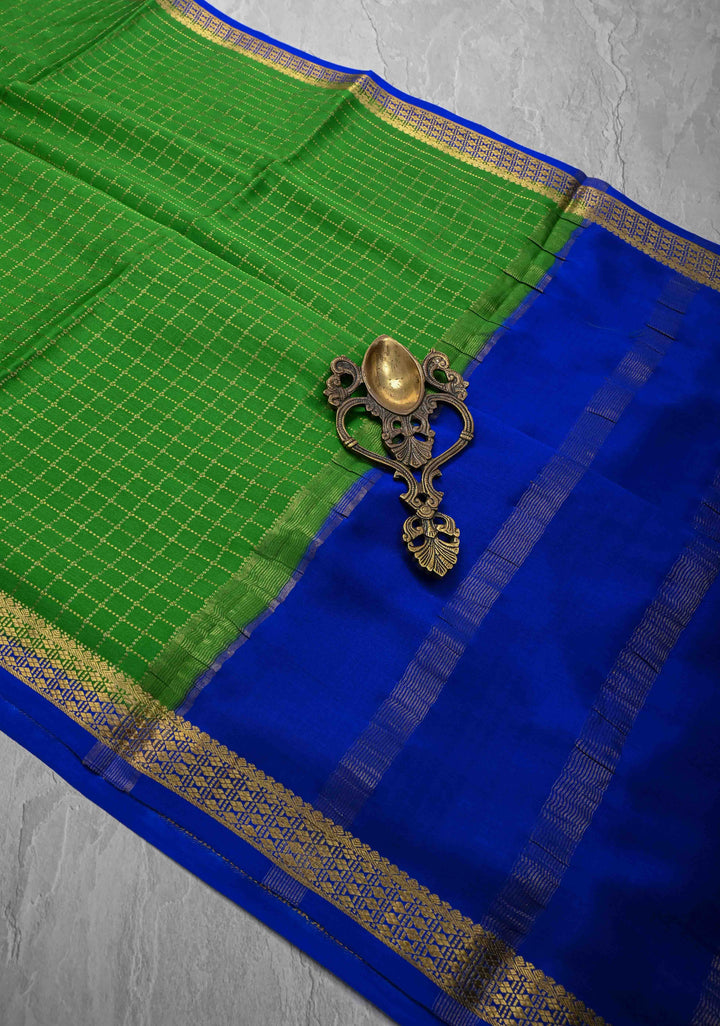 Green Pure Mysore Silk saree With Zari Checks and Zari Border in KSIC Grade Thickness | SILK MARK CERTIFIED