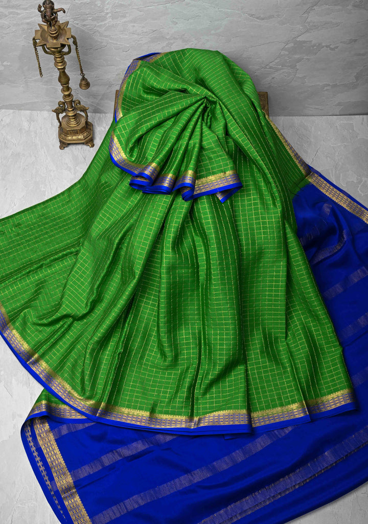 Green Pure Mysore Silk saree With Zari Checks and Zari Border in KSIC Grade Thickness | SILK MARK CERTIFIED