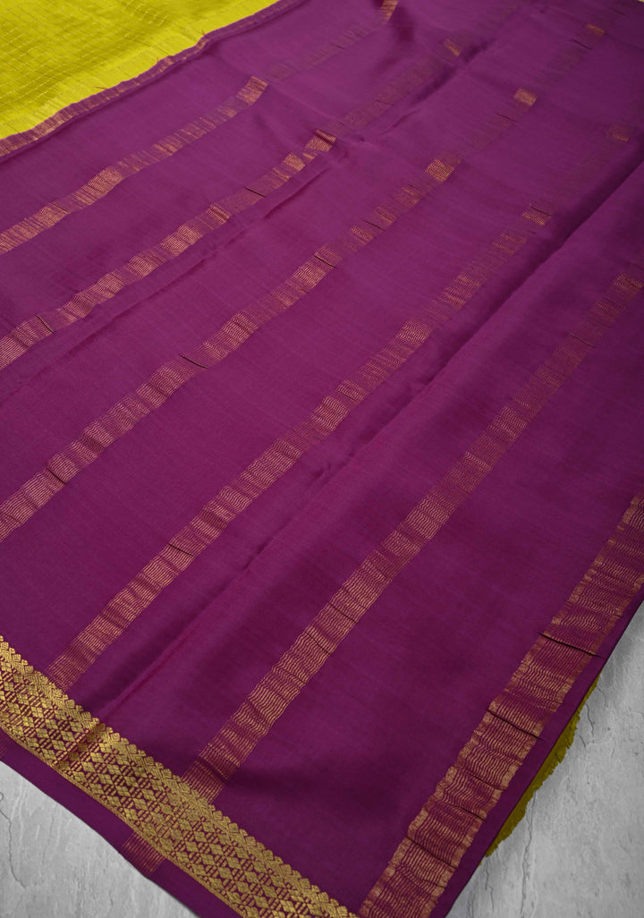 Citrine Yellow Mysore Silk Saree with Zari Checks and Zari Border in KSIC Grade Thickness | SILK MARK CERTIFIED
