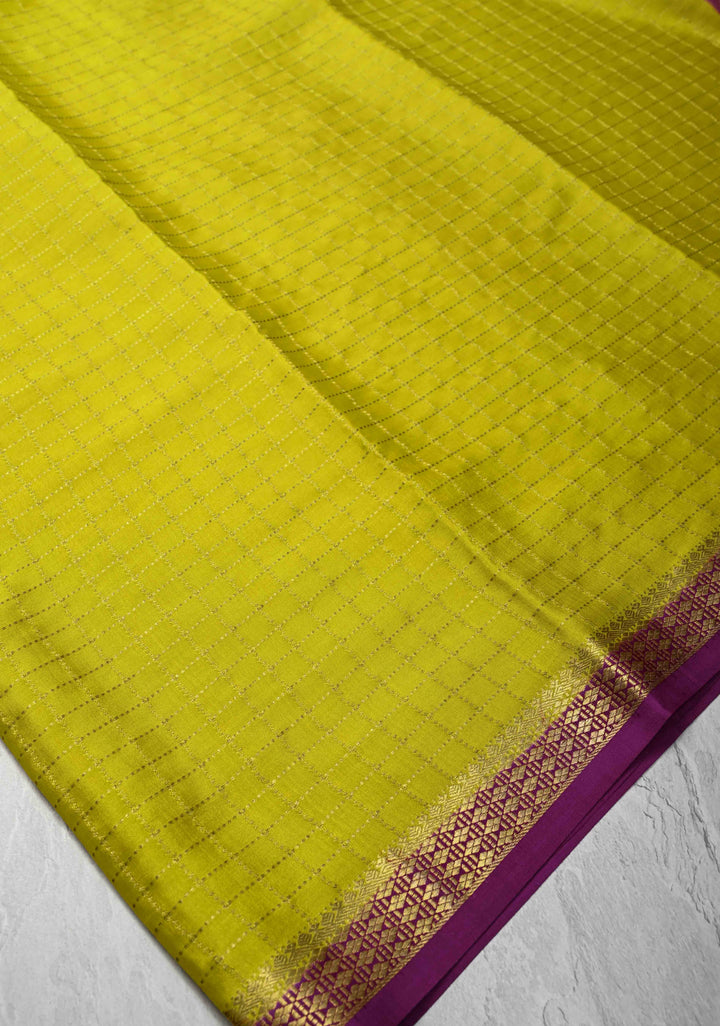 Citrine Yellow Mysore Silk Saree with Zari Checks and Zari Border in KSIC Grade Thickness | SILK MARK CERTIFIED