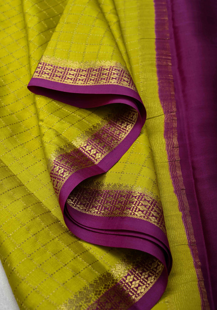 Citrine Yellow Mysore Silk Saree with Zari Checks and Zari Border in KSIC Grade Thickness | SILK MARK CERTIFIED
