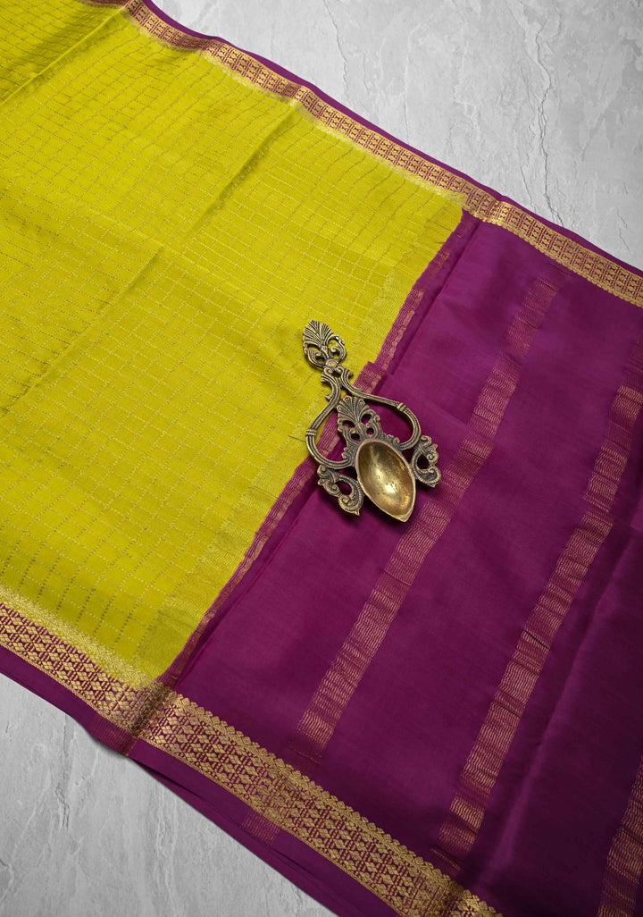 Citrine Yellow Mysore Silk Saree with Zari Checks and Zari Border in KSIC Grade Thickness | SILK MARK CERTIFIED