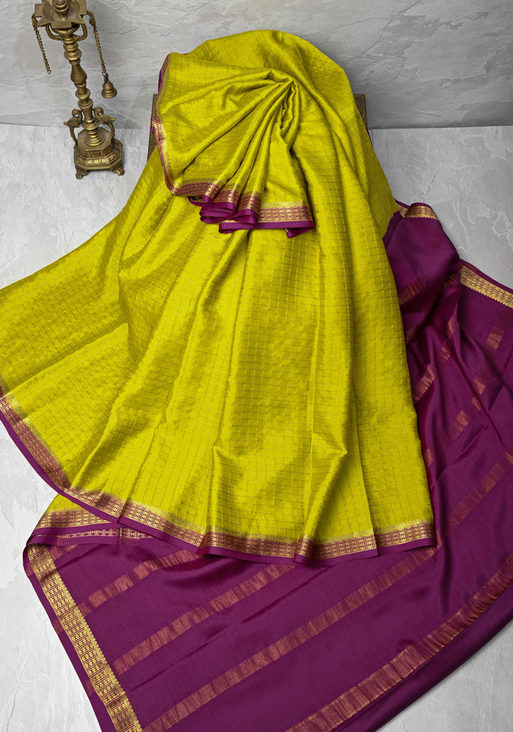 Citrine Yellow Mysore Silk Saree with Zari Checks and Zari Border in KSIC Grade Thickness | SILK MARK CERTIFIED