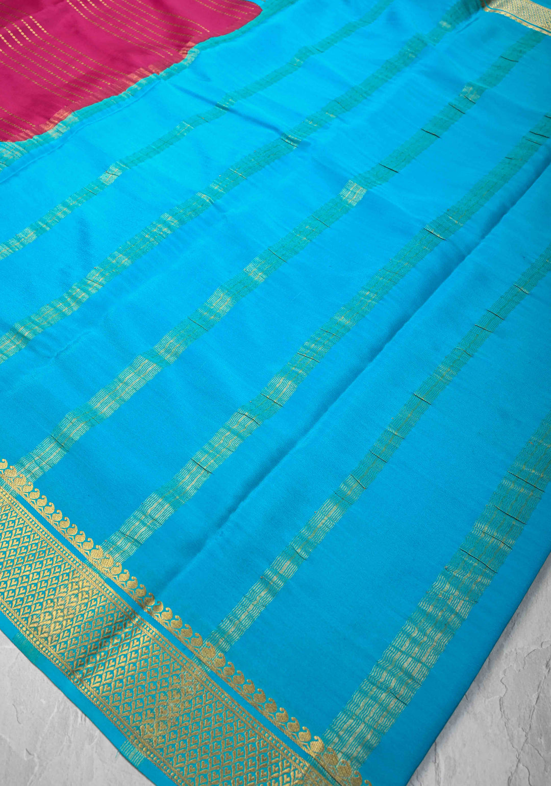 Pink Mysore Silk Saree with Horizontal Zari stripes and Panel Border in KSIC Grade Thickness | SILK MARK CERTIFIED