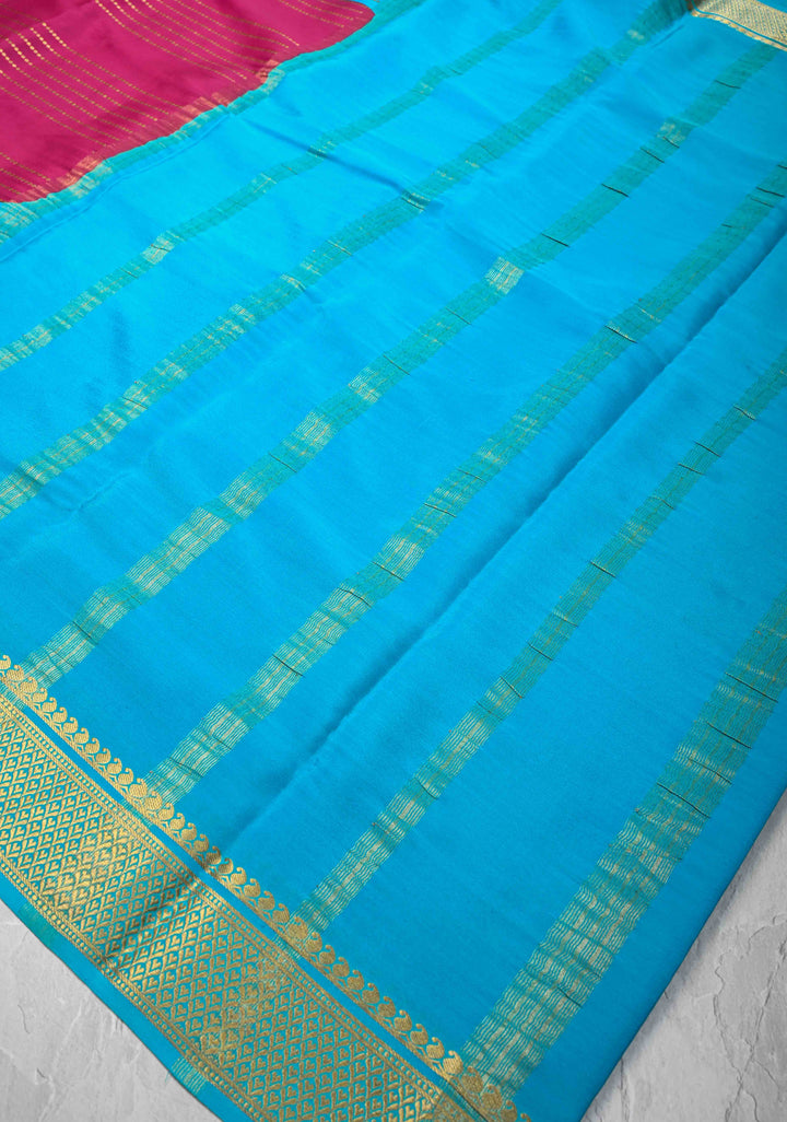 Pink Mysore Silk Saree with Horizontal Zari stripes and Panel Border in KSIC Grade Thickness | SILK MARK CERTIFIED