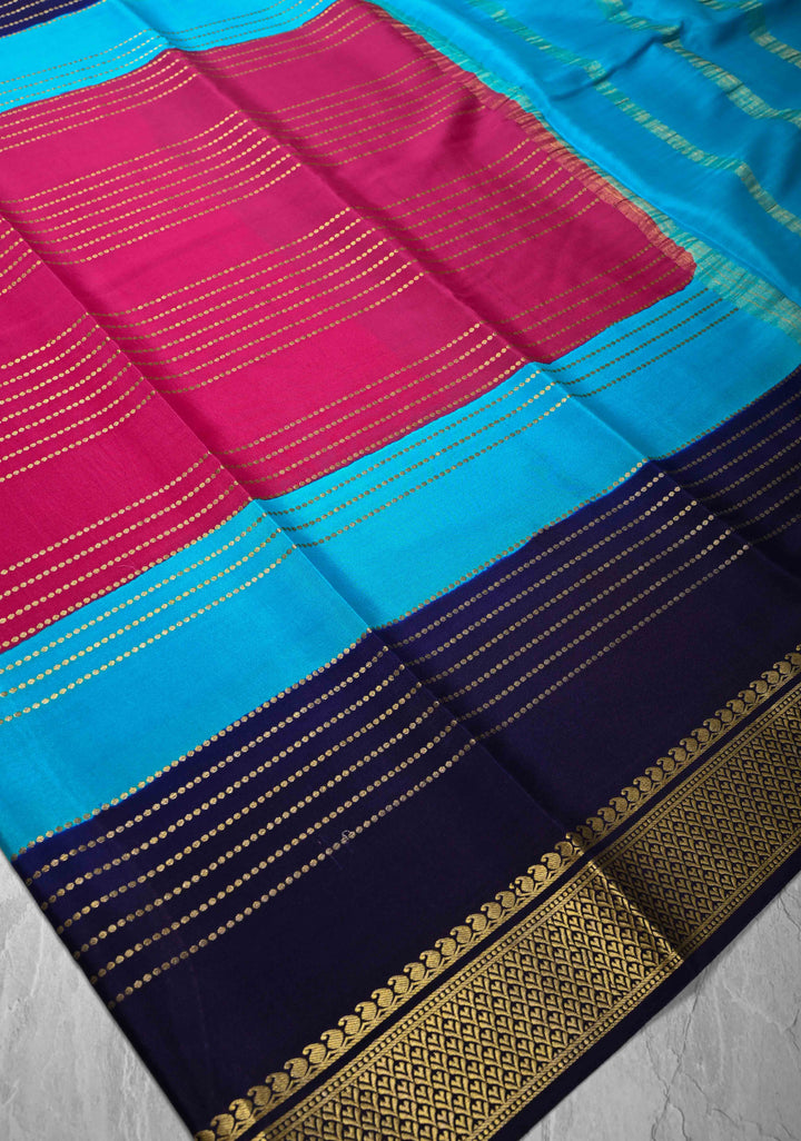 Pink Mysore Silk Saree with Horizontal Zari stripes and Panel Border in KSIC Grade Thickness | SILK MARK CERTIFIED
