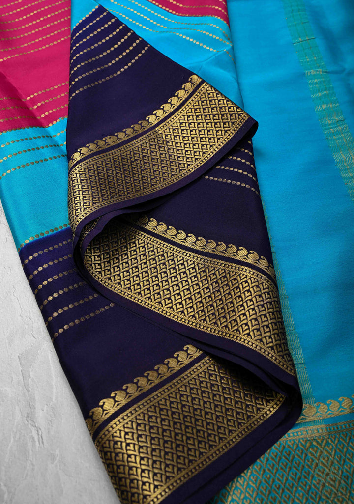 Pink Mysore Silk Saree with Horizontal Zari stripes and Panel Border in KSIC Grade Thickness | SILK MARK CERTIFIED