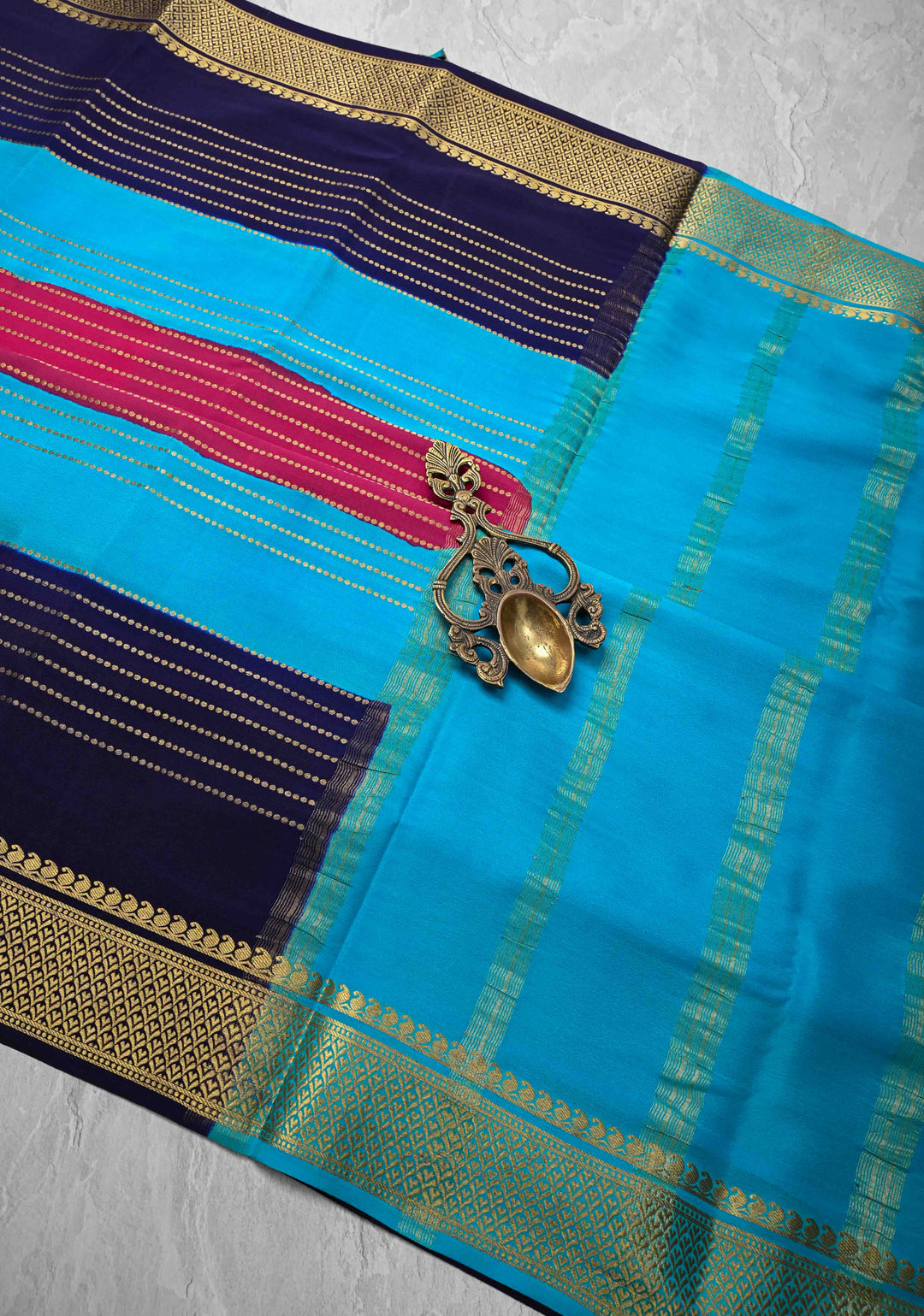 Pink Mysore Silk Saree with Horizontal Zari stripes and Panel Border in KSIC Grade Thickness | SILK MARK CERTIFIED