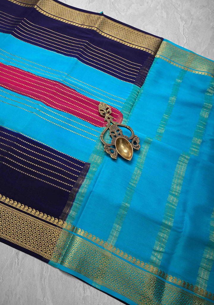 Pink Mysore Silk Saree with Horizontal Zari stripes and Panel Border in KSIC Grade Thickness | SILK MARK CERTIFIED