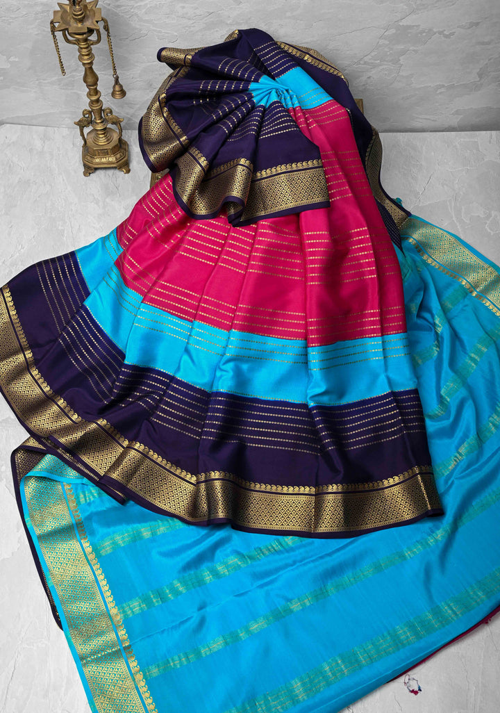 Pink Mysore Silk Saree with Horizontal Zari stripes and Panel Border in KSIC Grade Thickness | SILK MARK CERTIFIED