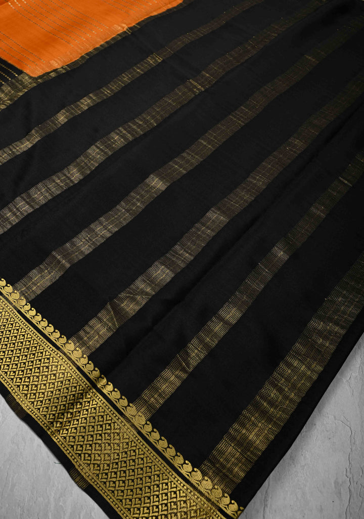 Orange Mysore Silk Saree with Horizontal Zari Stripes and Panel Border in KSIC Grade Thickness | SILK MARK CERTIFIED