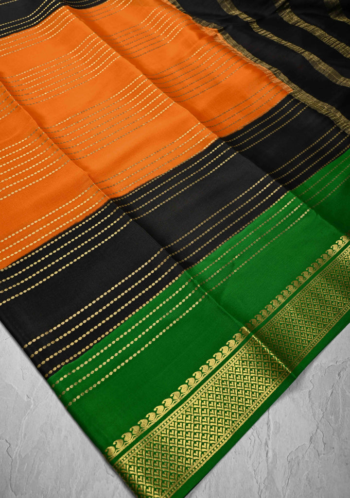 Orange Mysore Silk Saree with Horizontal Zari Stripes and Panel Border in KSIC Grade Thickness | SILK MARK CERTIFIED