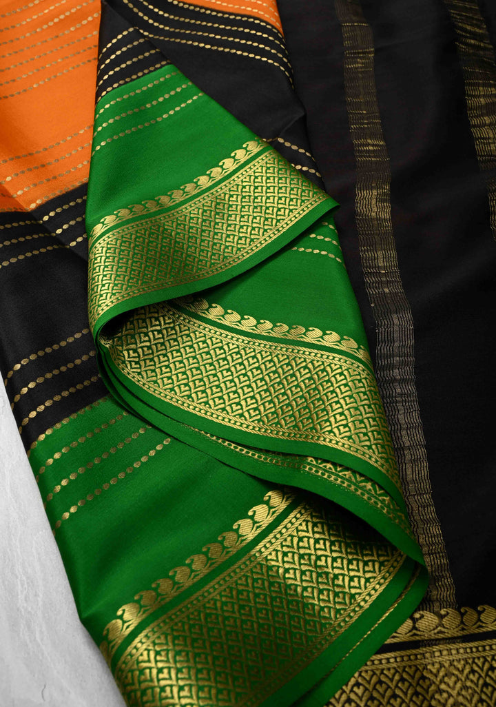 Orange Mysore Silk Saree with Horizontal Zari Stripes and Panel Border in KSIC Grade Thickness | SILK MARK CERTIFIED