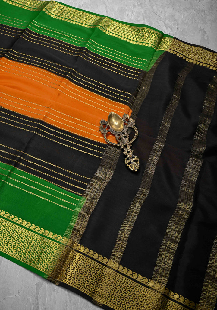 Orange Mysore Silk Saree with Horizontal Zari Stripes and Panel Border in KSIC Grade Thickness | SILK MARK CERTIFIED