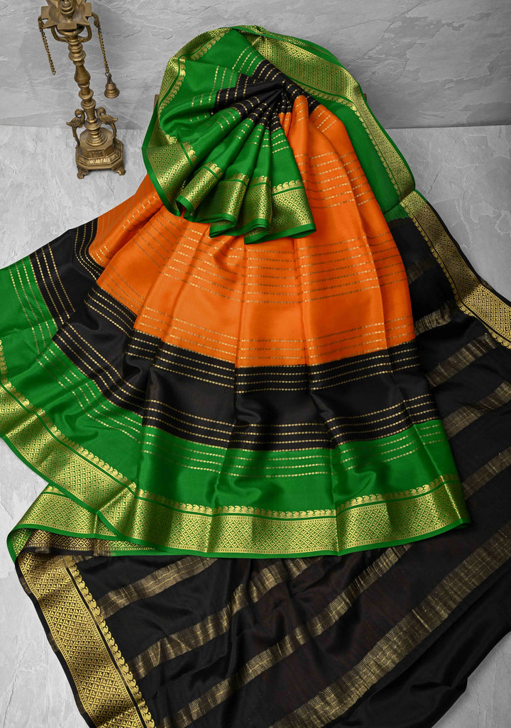 Orange Mysore Silk Saree with Horizontal Zari Stripes and Panel Border in KSIC Grade Thickness | SILK MARK CERTIFIED