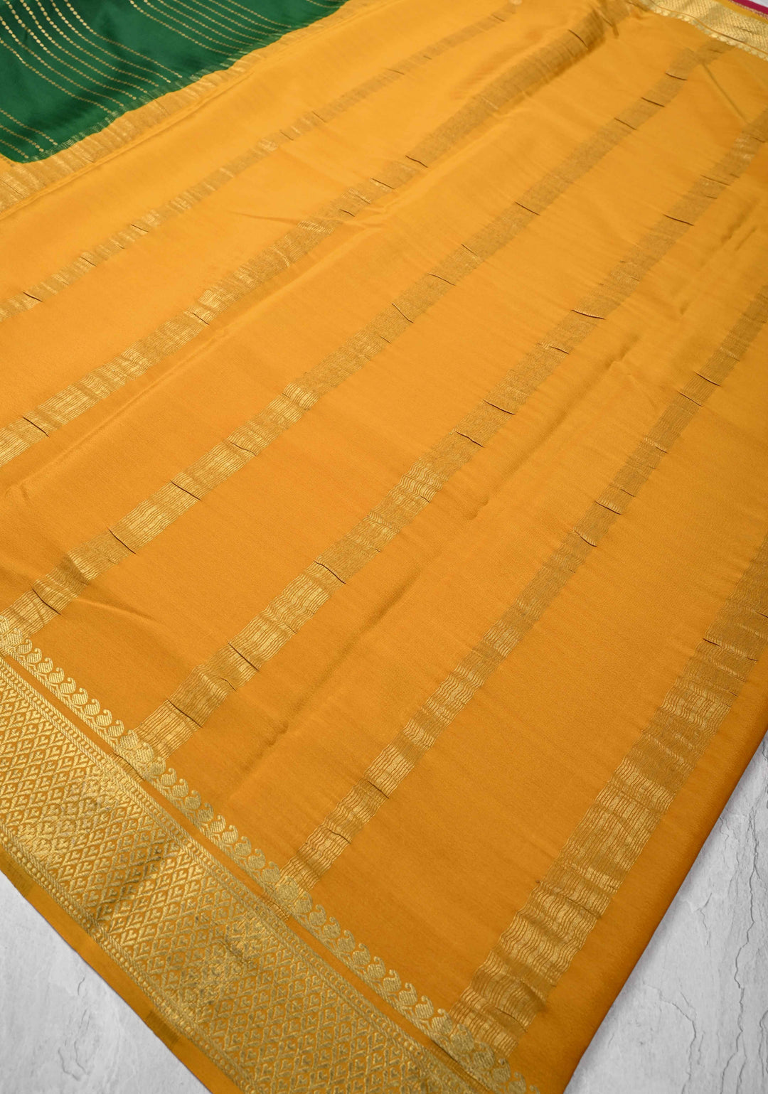 Green Mysore Silk Saree with Horizontal Zari stripes and Panel Border in KSIC Grade Thickness | SILK MARK CERTIFIED