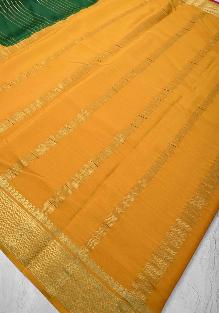 Green Mysore Silk Saree with Horizontal Zari stripes and Panel Border in KSIC Grade Thickness | SILK MARK CERTIFIED