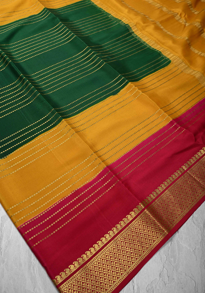 Green Mysore Silk Saree with Horizontal Zari stripes and Panel Border in KSIC Grade Thickness | SILK MARK CERTIFIED
