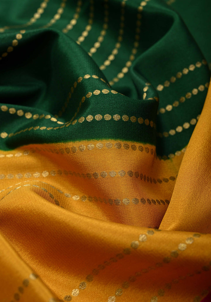 Green Mysore Silk Saree with Horizontal Zari stripes and Panel Border in KSIC Grade Thickness | SILK MARK CERTIFIED