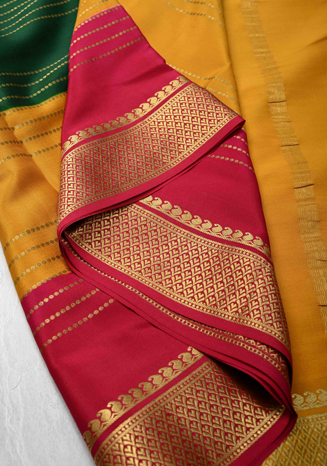 Green Mysore Silk Saree with Horizontal Zari stripes and Panel Border in KSIC Grade Thickness | SILK MARK CERTIFIED