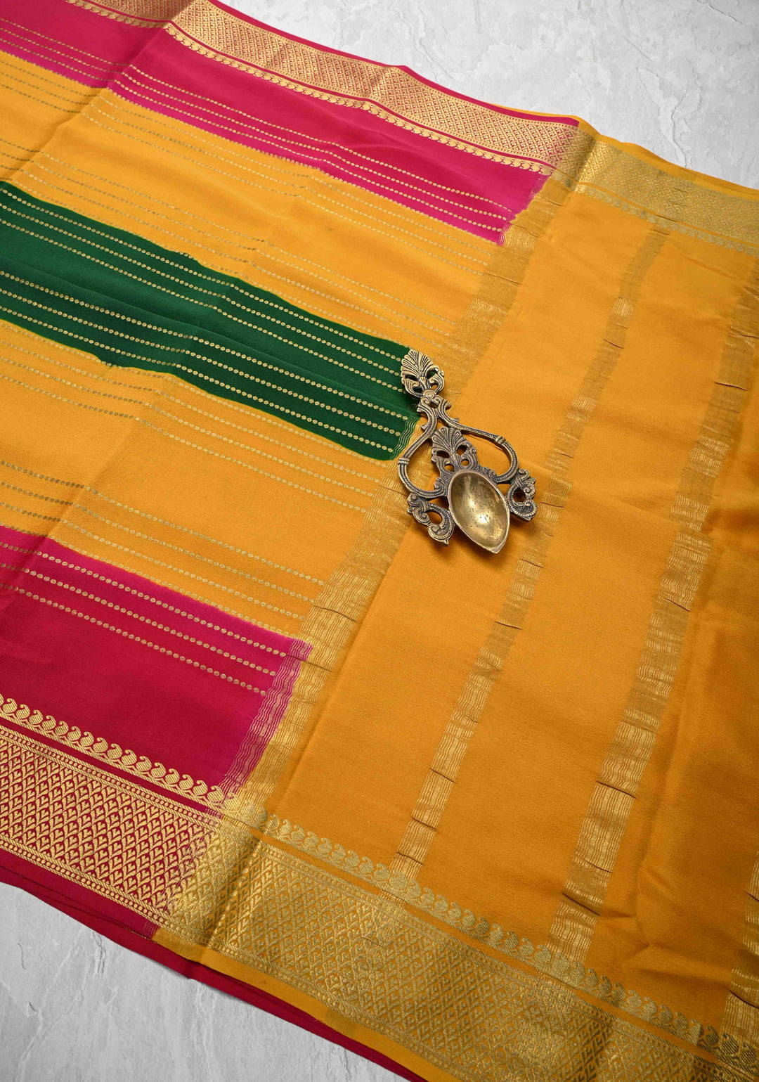 Green Mysore Silk Saree with Horizontal Zari stripes and Panel Border in KSIC Grade Thickness | SILK MARK CERTIFIED
