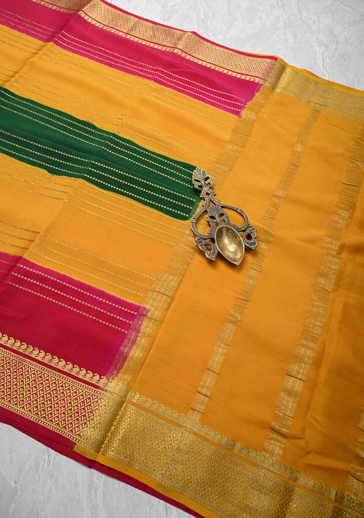 Green Mysore Silk Saree with Horizontal Zari stripes and Panel Border in KSIC Grade Thickness | SILK MARK CERTIFIED