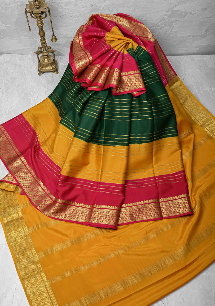 Green Mysore Silk Saree with Horizontal Zari stripes and Panel Border in KSIC Grade Thickness | SILK MARK CERTIFIED