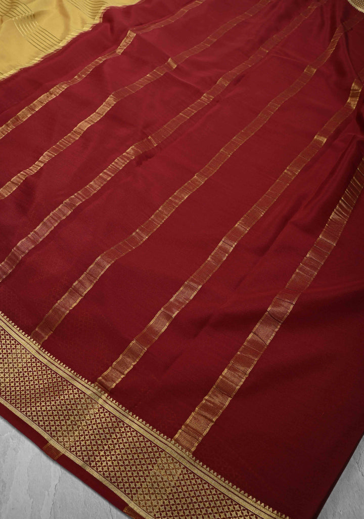 Camel Brown Mysore Silk Saree with Horizontal Zari Stripes and Contrast Panel Border in KSIC Grade Thickness | SILK MARK CERTIFIED