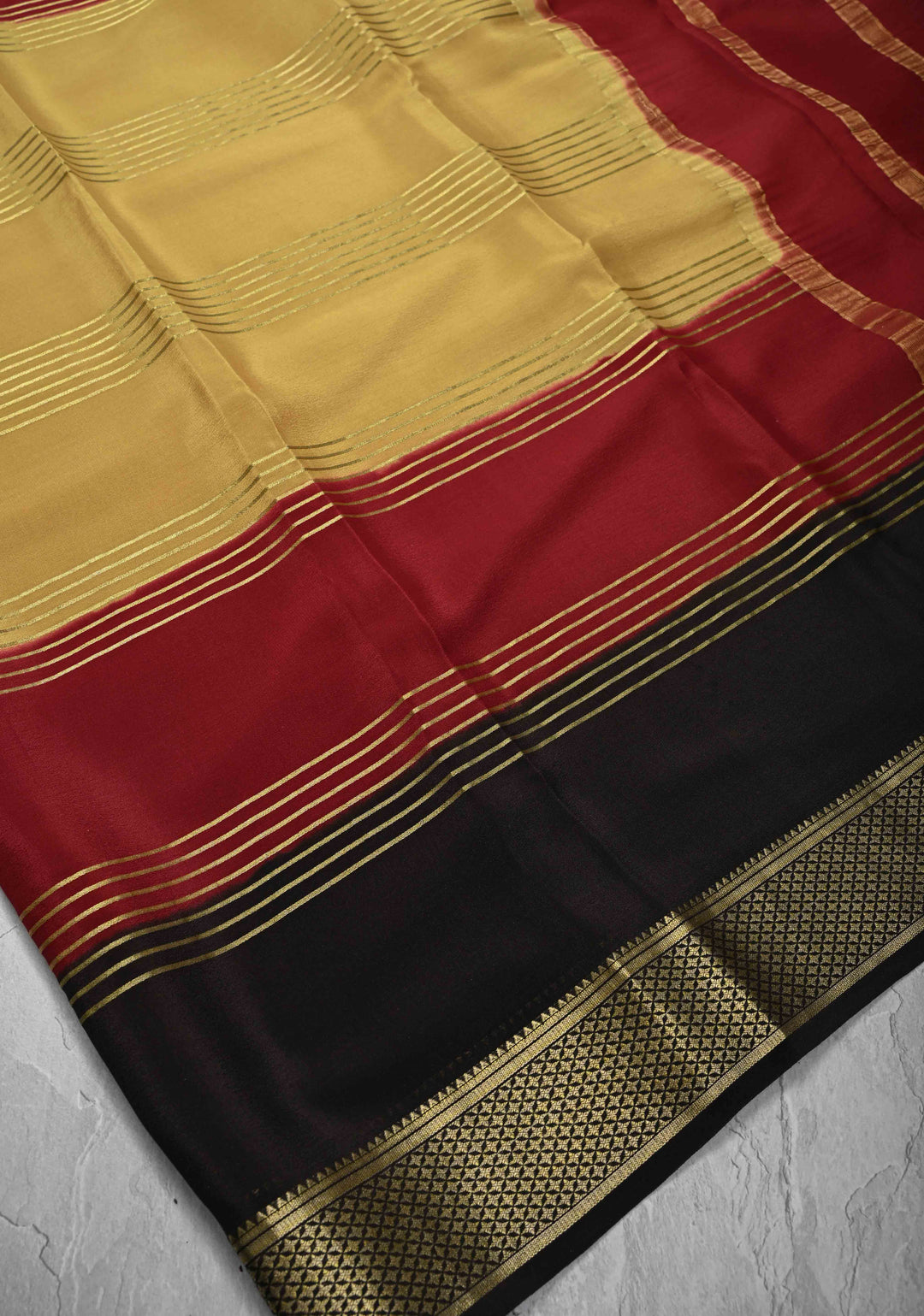 Camel Brown Mysore Silk Saree with Horizontal Zari Stripes and Contrast Panel Border in KSIC Grade Thickness | SILK MARK CERTIFIED