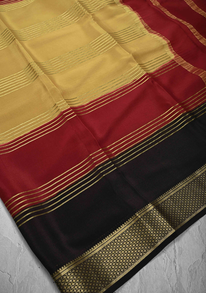Camel Brown Mysore Silk Saree with Horizontal Zari Stripes and Contrast Panel Border in KSIC Grade Thickness | SILK MARK CERTIFIED