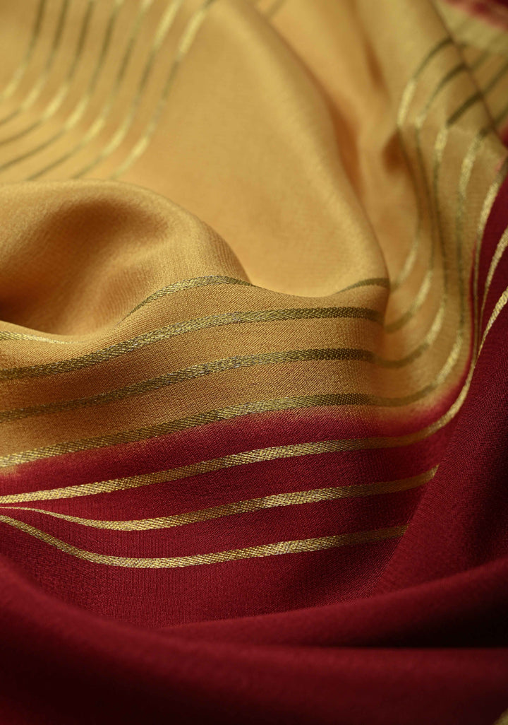 Camel Brown Mysore Silk Saree with Horizontal Zari Stripes and Contrast Panel Border in KSIC Grade Thickness | SILK MARK CERTIFIED