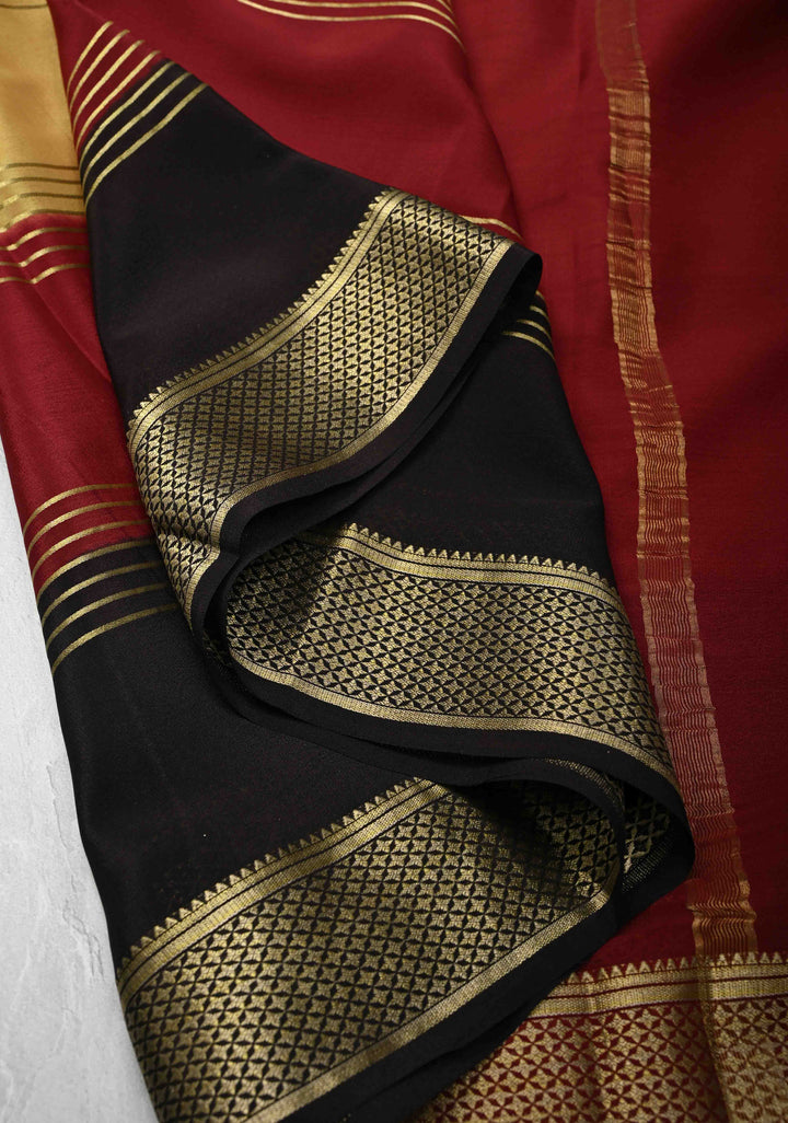 Camel Brown Mysore Silk Saree with Horizontal Zari Stripes and Contrast Panel Border in KSIC Grade Thickness | SILK MARK CERTIFIED