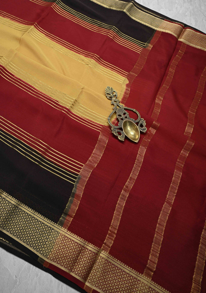 Camel Brown Mysore Silk Saree with Horizontal Zari Stripes and Contrast Panel Border in KSIC Grade Thickness | SILK MARK CERTIFIED