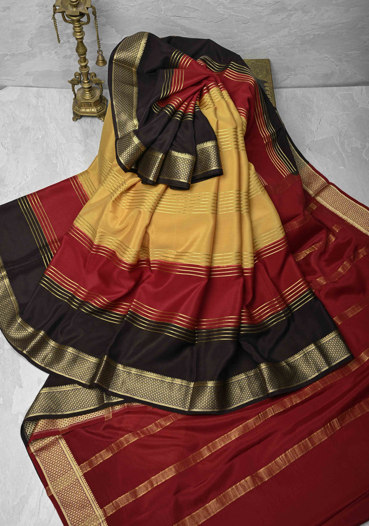 Camel Brown Mysore Silk Saree with Horizontal Zari Stripes and Contrast Panel Border in KSIC Grade Thickness | SILK MARK CERTIFIED