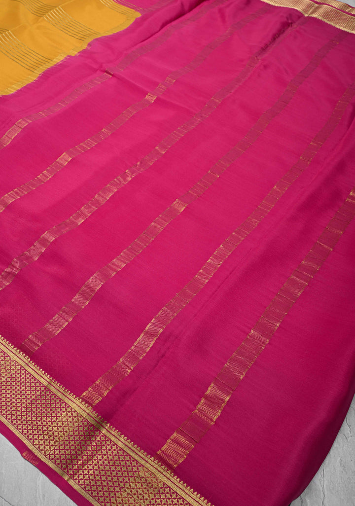 Mustard Mysore Silk Saree with Horizontal Zari Stripes and Panel Border in KSIC Grade Thickness | SILK MARK CERTIFIED