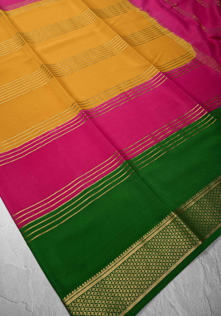 Mustard Mysore Silk Saree with Horizontal Zari Stripes and Panel Border in KSIC Grade Thickness | SILK MARK CERTIFIED