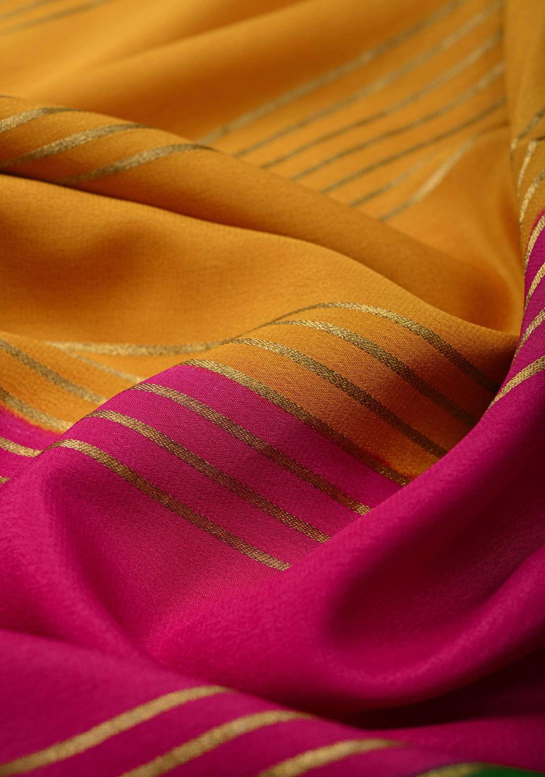 Mustard Mysore Silk Saree with Horizontal Zari Stripes and Panel Border in KSIC Grade Thickness | SILK MARK CERTIFIED