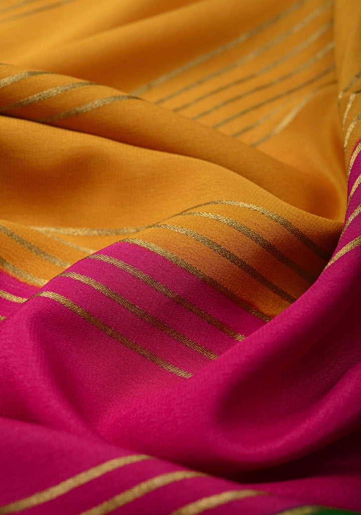 Mustard Mysore Silk Saree with Horizontal Zari Stripes and Panel Border in KSIC Grade Thickness | SILK MARK CERTIFIED