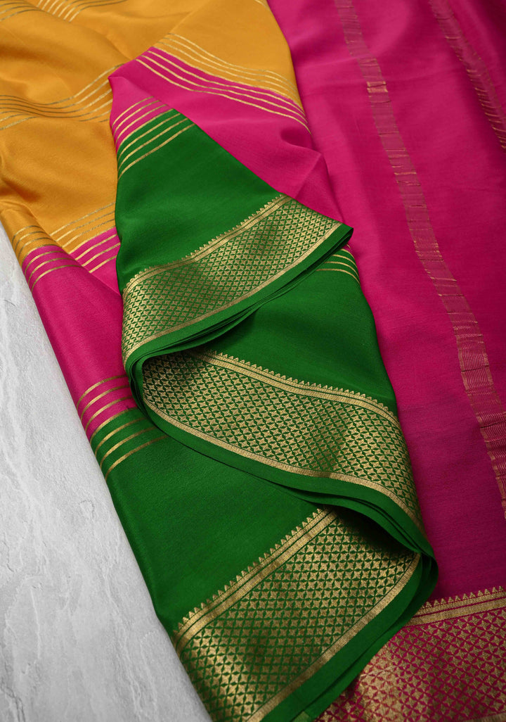 Mustard Mysore Silk Saree with Horizontal Zari Stripes and Panel Border in KSIC Grade Thickness | SILK MARK CERTIFIED